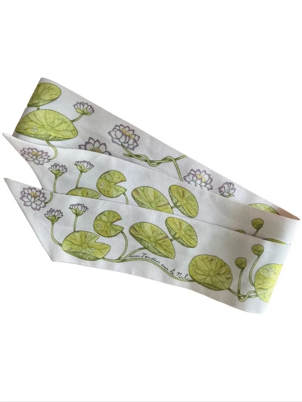 Hermes White/Green 'un Jardin sur le Nil' Silk Twilly Scarf Green Lily Pad Motif